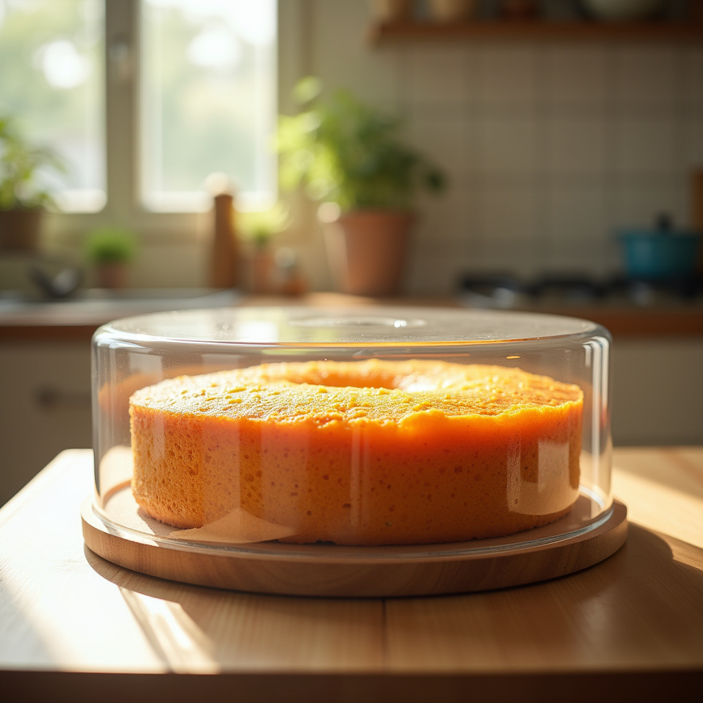 Orange cake in airtight container, bright kitchen, Brazilian sunlight, 8K quality, sharp focus, Conservando o bolo de laranja fofinho por mais tempo.