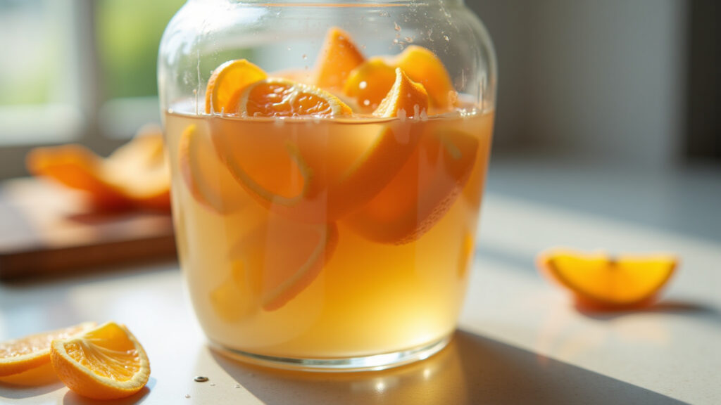 Orange peels soaking in white vinegar in a glass jar, natural cleaning product. Commercial Casca de laranja: limpeza natural e eficaz.