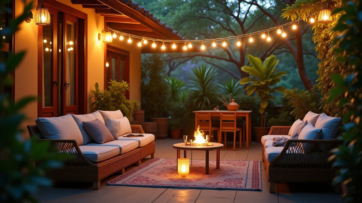 Outdoor area with garden lights, cozy, inviting, Brazilian style, lifestyle photography, 8K Área externa com iluminação de jardim e ambiente convidativo.