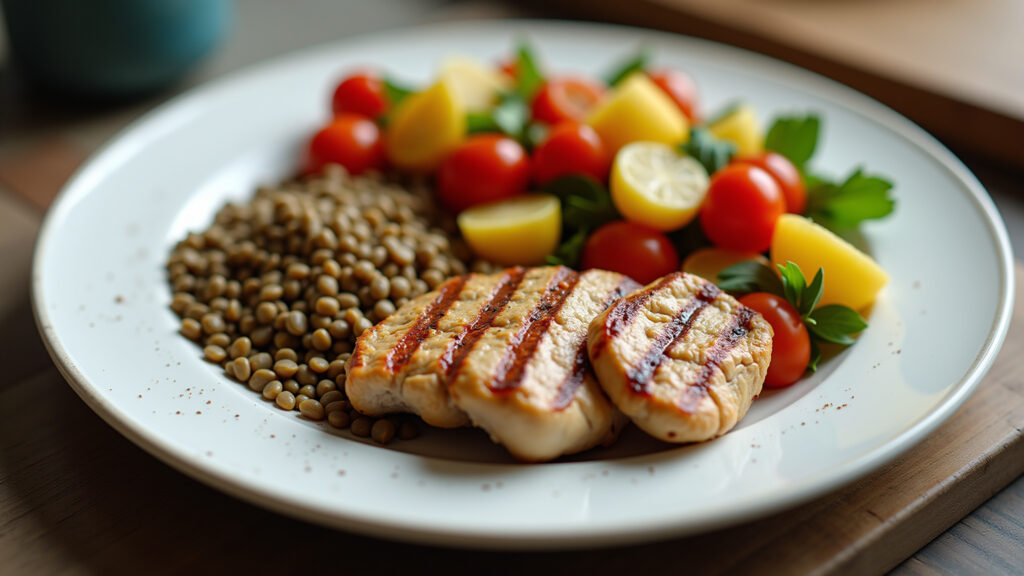 Overhead shot of a balanced plate with lentils, grilled chicken, and colorful vegetables, natural Prato equilibrado com lentilha, frango grelhado e legumes.