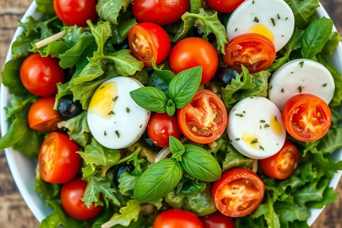 Salada fresca com azeite de manjericão, prato do dia a dia, cozinha brasileira.