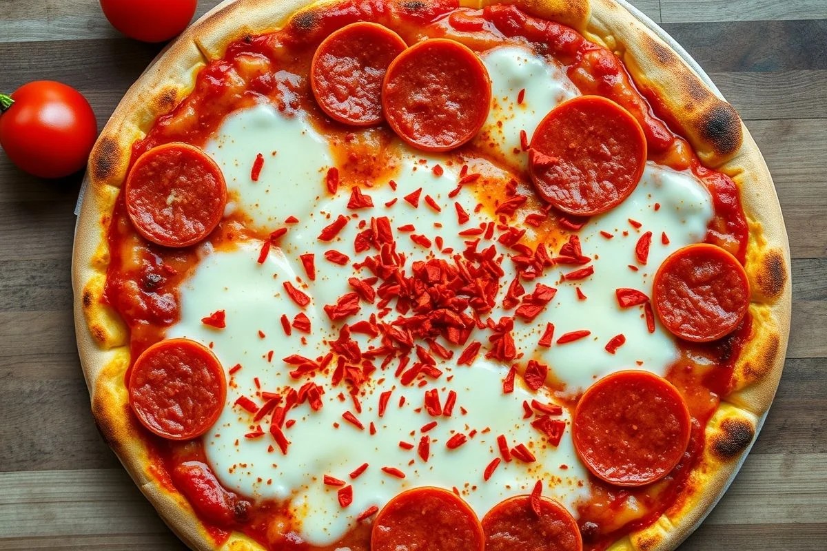 Pizza de calabresa com queijo e pimenta calabresa.