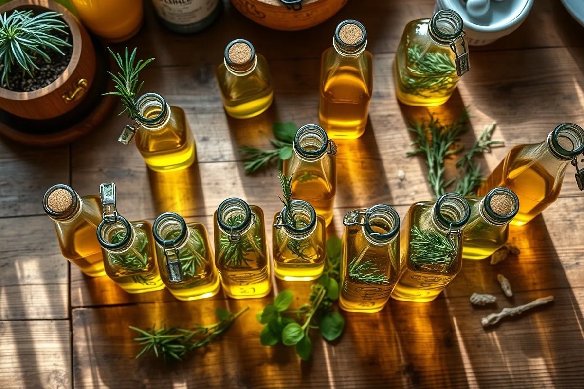 Azeites aromatizados com ervas em garrafas de vidro sobre mesa rústica, cozinha brasileira.