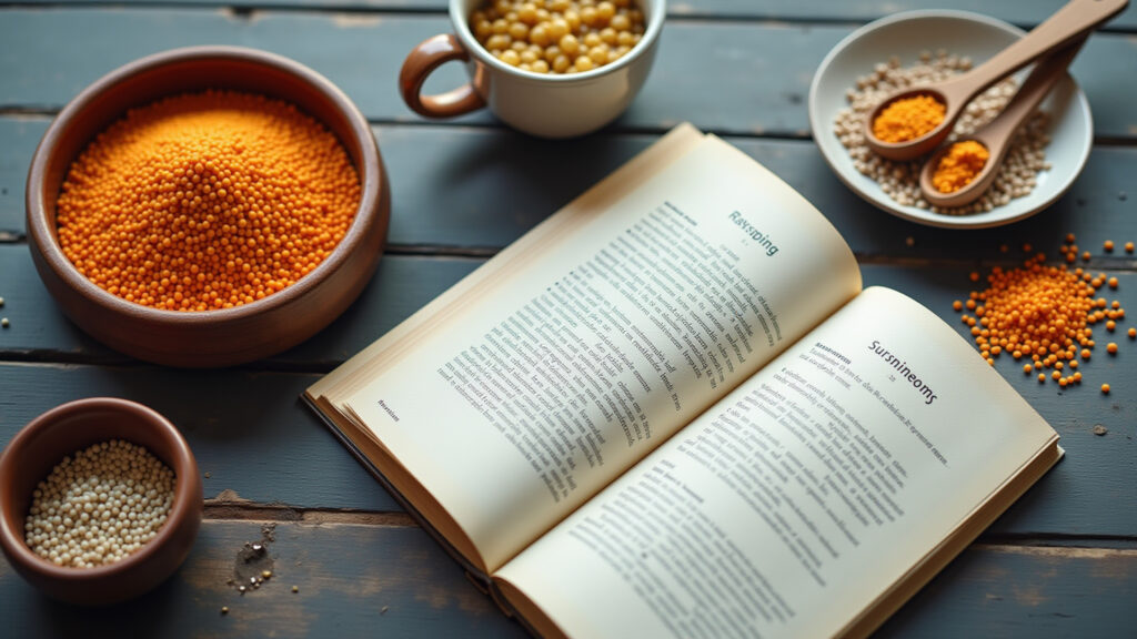 Overhead shot of a table with lentils, measuring spoons, and a recipe book, natural light, Mesa com lentilha, colheres de medida e livro de receitas.