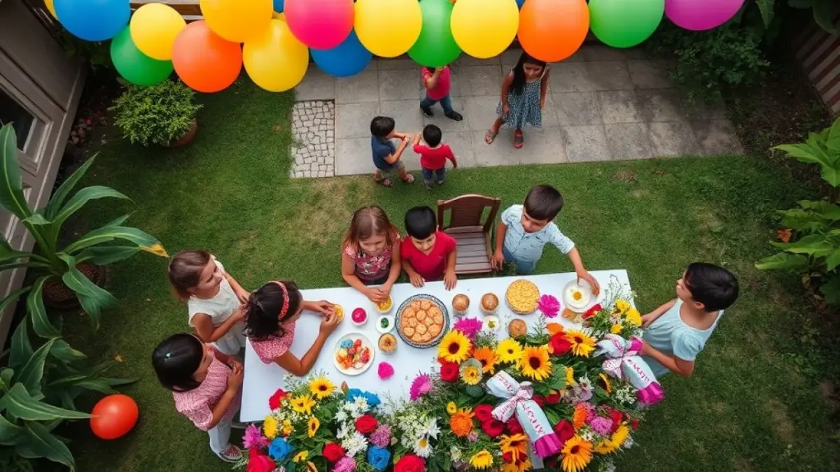 Overhead shot of a vibrant children's birthday party setup in a Brazilian backyard, featuring Festa infantil vibrante no Brasil com flores coloridas e decoração festiva.