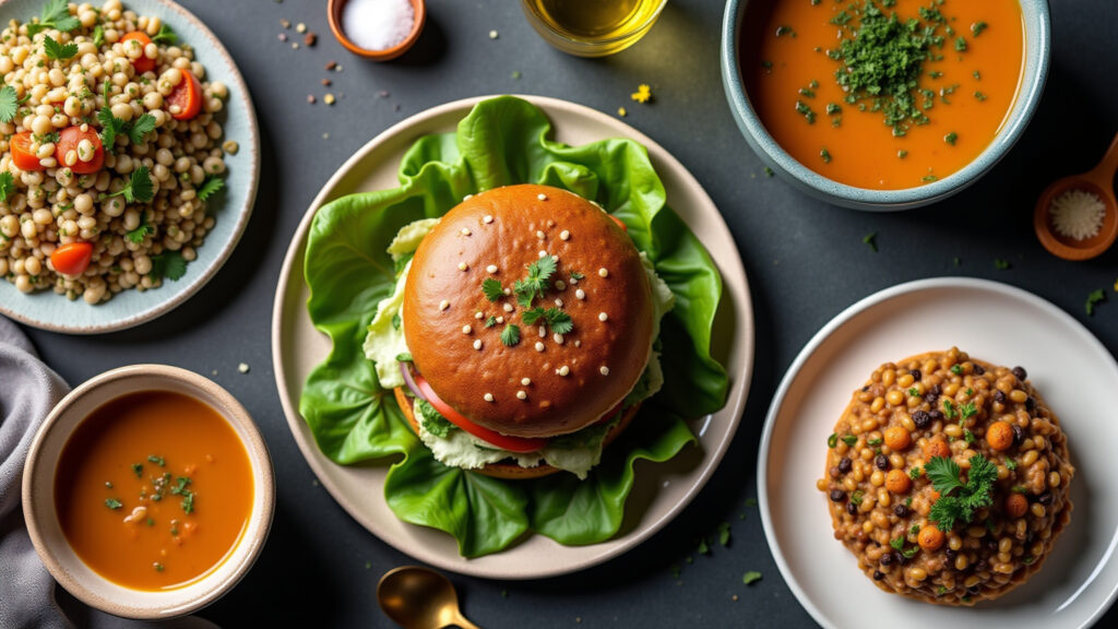Overhead shot of various lentil recipes: salad, burger, soup, vibrant colors, natural light, Variedade de receitas saudáveis com lentilha.