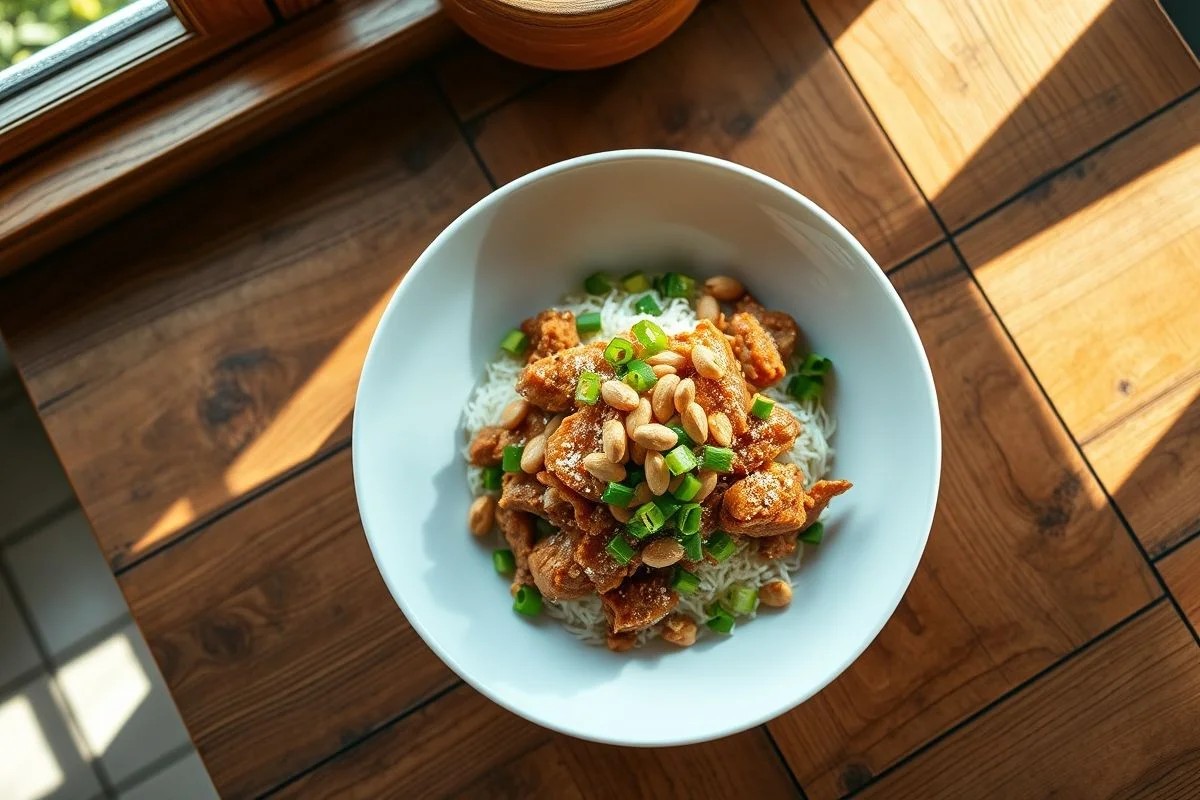 Frango Xadrez caseiro com amendoim e cebolinha, receita brasileira.