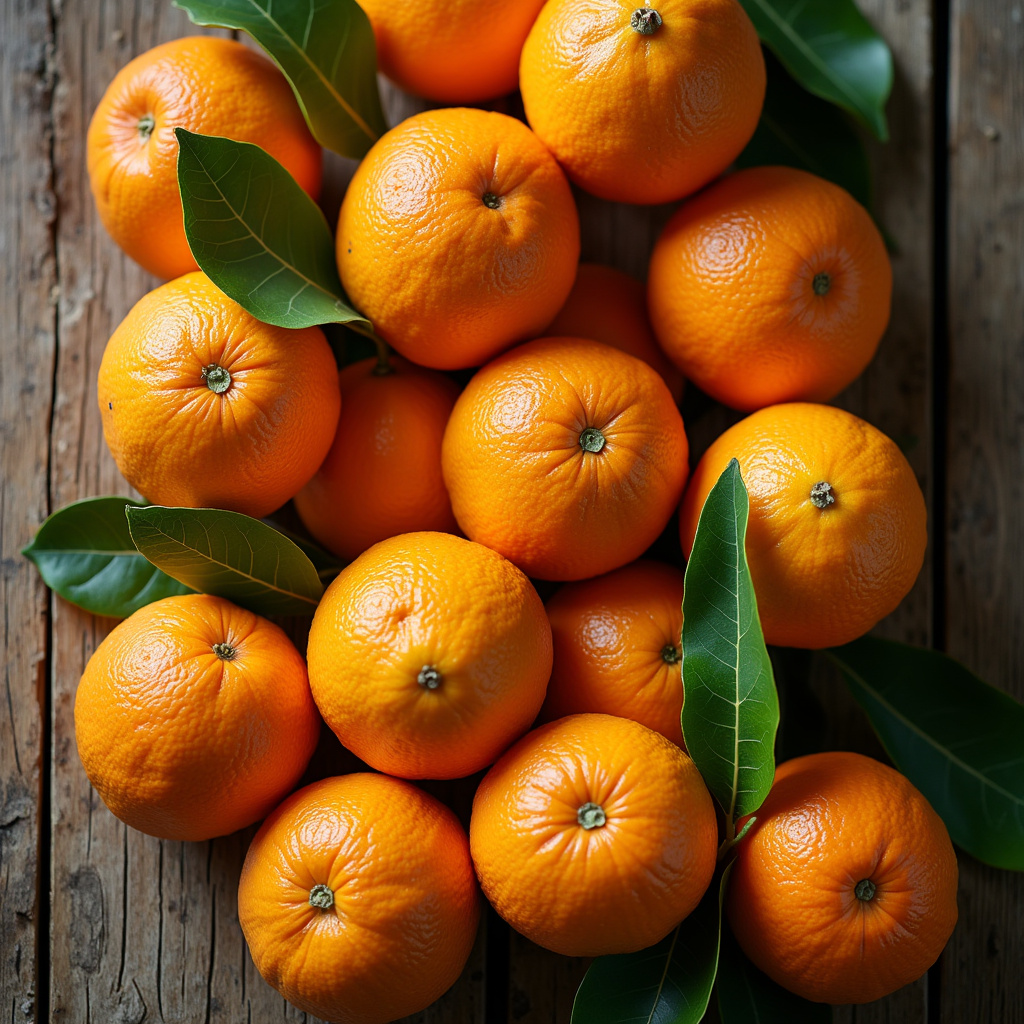 Overhead shot, various oranges (pera, bahia), rustic wooden table, Brazilian sunlight, ingredients Variedade de laranjas para um bolo super saboroso.