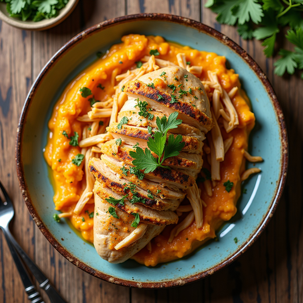Overhead shot, vibrant plate of shredded chicken with pumpkin puree, herbs, rustic wooden table, Frango cozido desfiado com purê de abóbora, prato vibrante e apetitoso.