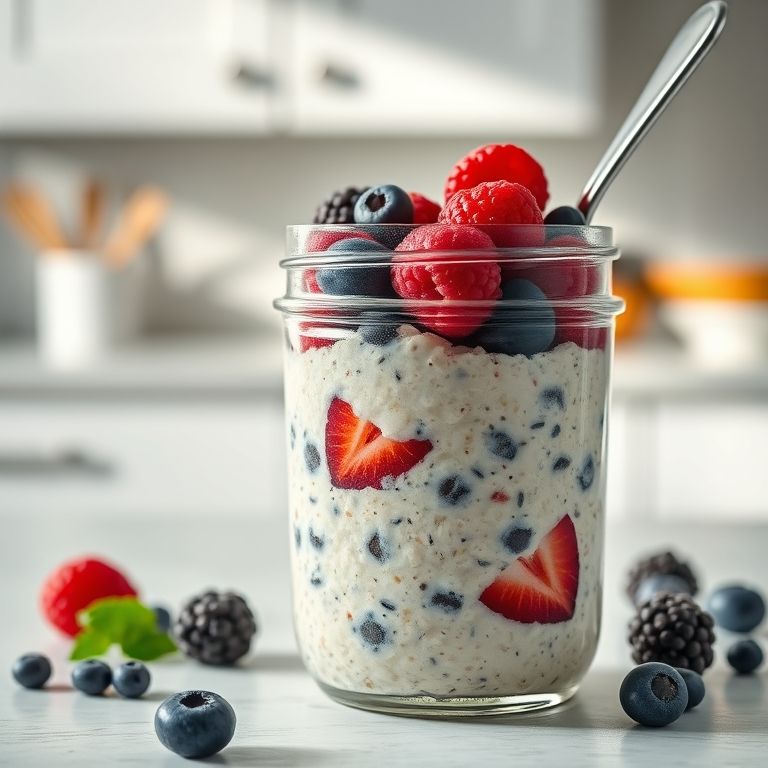 Overnight oats clássico com frutas vermelhas em pote de vidro.