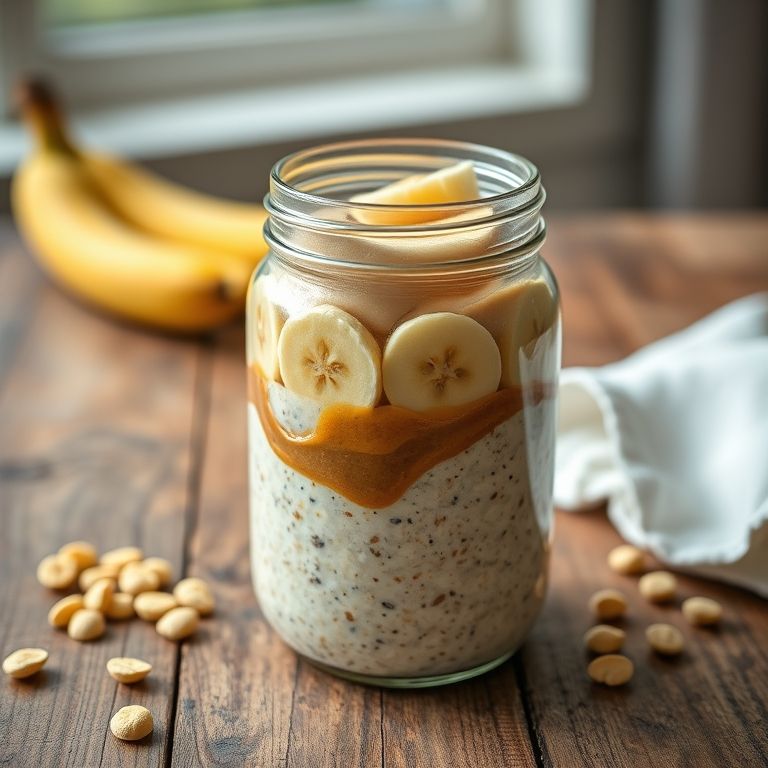Overnight oats com pasta de amendoim e banana em pote de vidro.