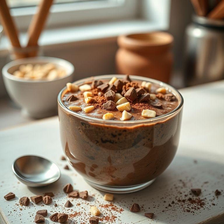 Overnight oats de chocolate com cacau e castanhas em tigela de cerâmica.