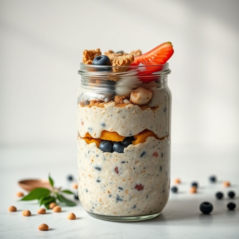 Overnight oats em pote de vidro com diversas opções de toppings.