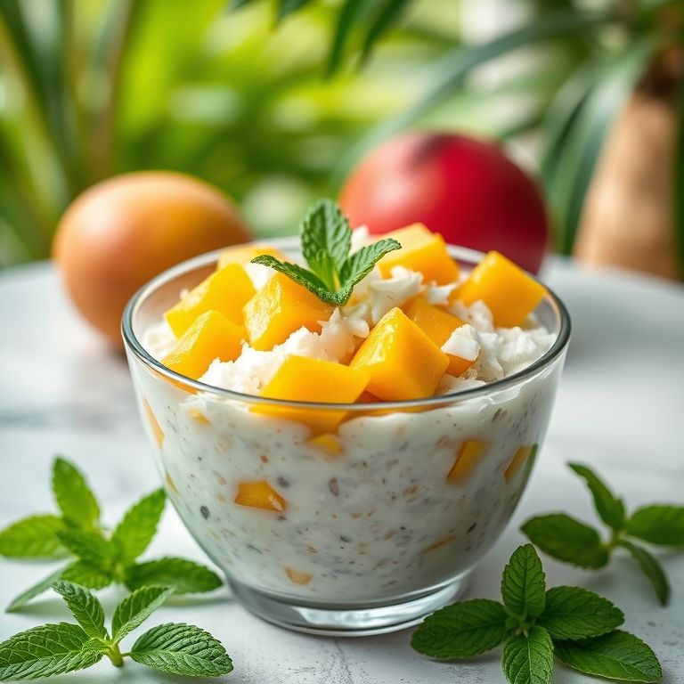 Overnight oats tropical com coco e manga em tigela de vidro.