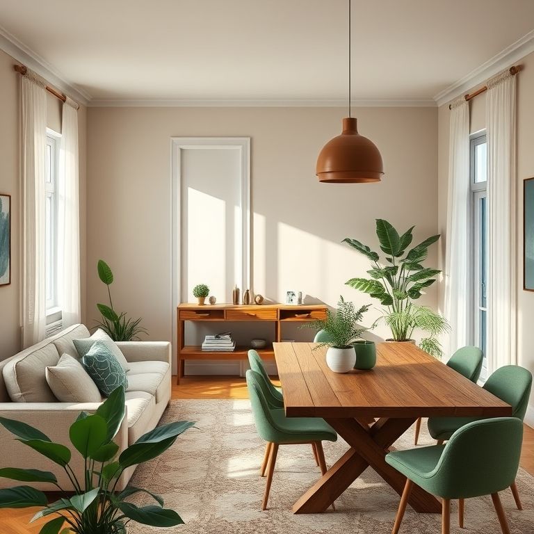 Paleta de cores unificada na sala de estar e jantar: sofá bege, mesa de madeira e detalhes em verde.