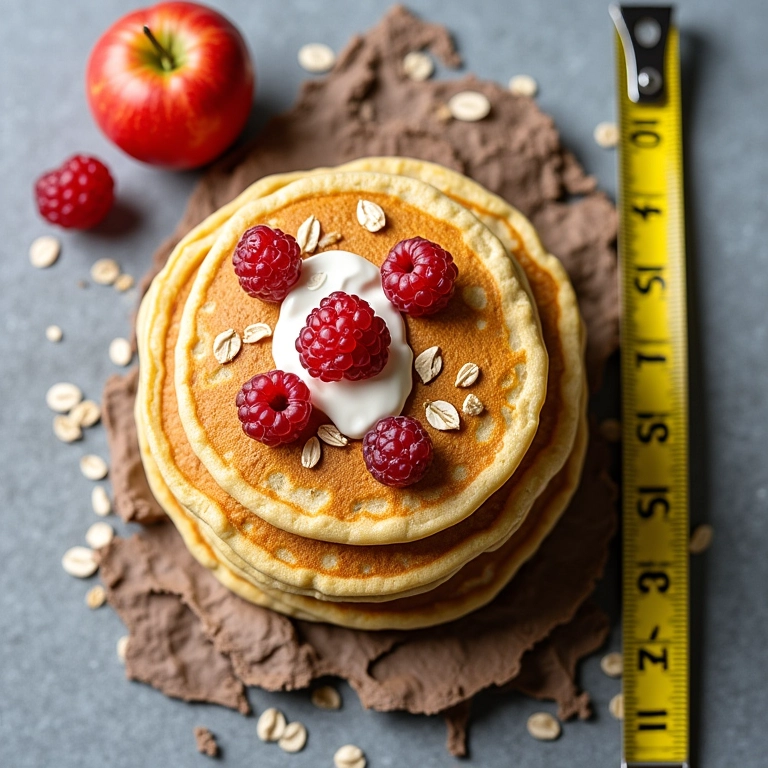 Panquecas de aveia ao lado de uma fita métrica e frutas frescas.