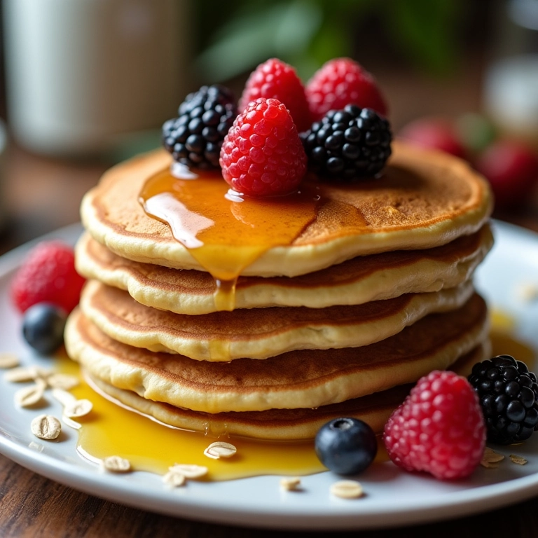Panquecas de aveia com frutas vermelhas e mel, prontas para o café da manhã.