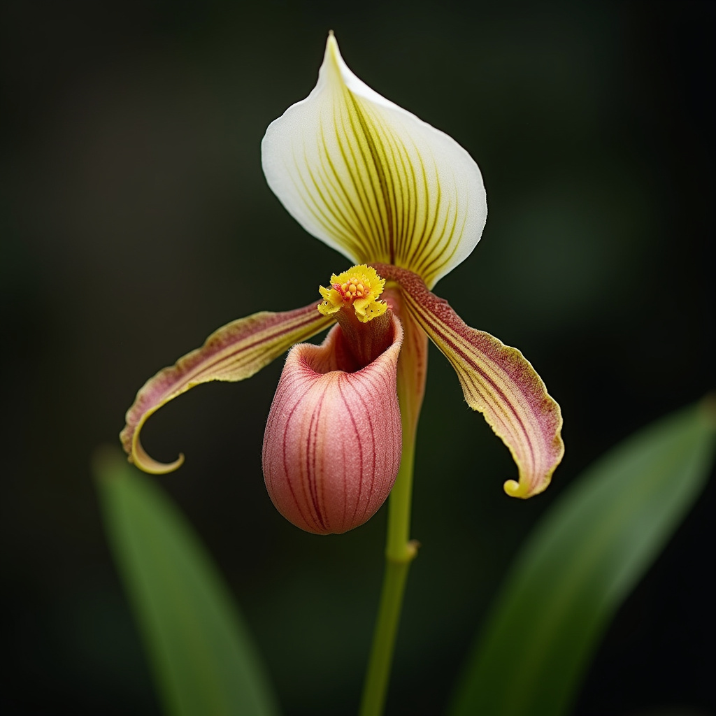 Paphiopedilum orchid, slipper orchid, unique shape, elegant, professional photography, 8K quality, Orquídea sapatinho com formato elegante.