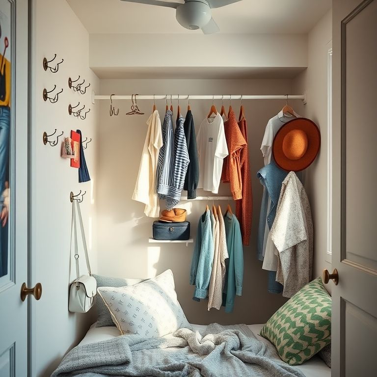 Paredes aproveitadas com ganchos e cabideiros em quarto pequeno com closet aberto.