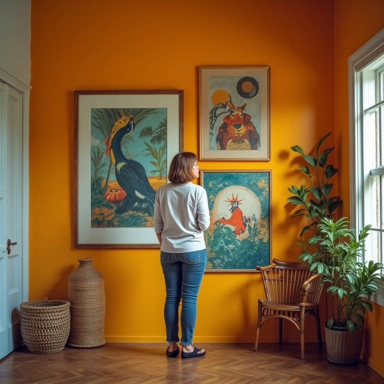 Paredes vibrantes decoradas com quadros e posters inspiradores.