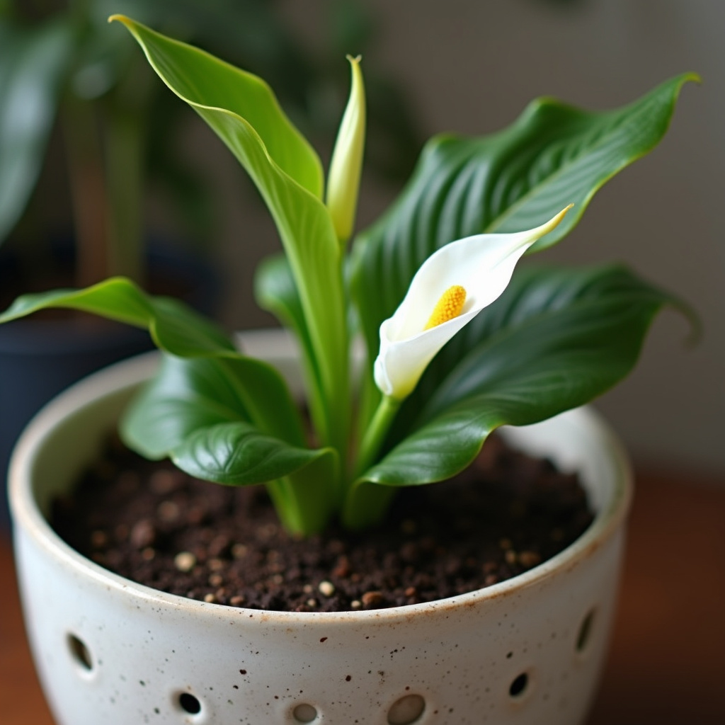 Peace lily in ceramic pot with drainage holes. Close-up on pot, plant, soil. Professional Lírio da paz em vaso de cerâmica com furos de drenagem.