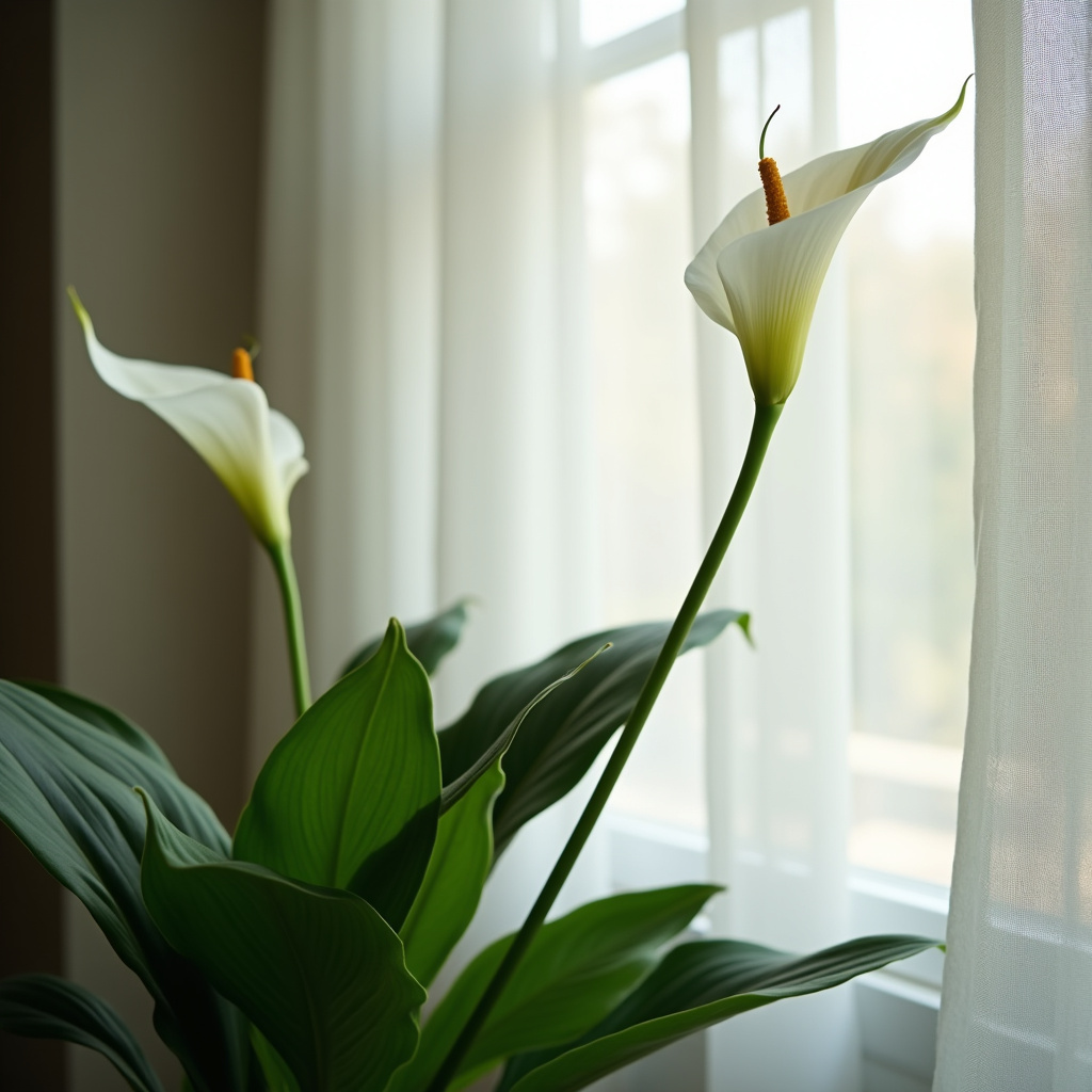Peace lily near window with sheer curtain, indirect light. Green leaves, white flower. Professional Lírio da paz perto da janela com luz indireta.