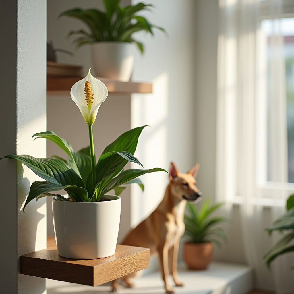 Peace lily on high shelf, out of reach of pets. Bright, modern Brazilian home. Professional Lírio da paz em prateleira alta, fora do alcance de pets.