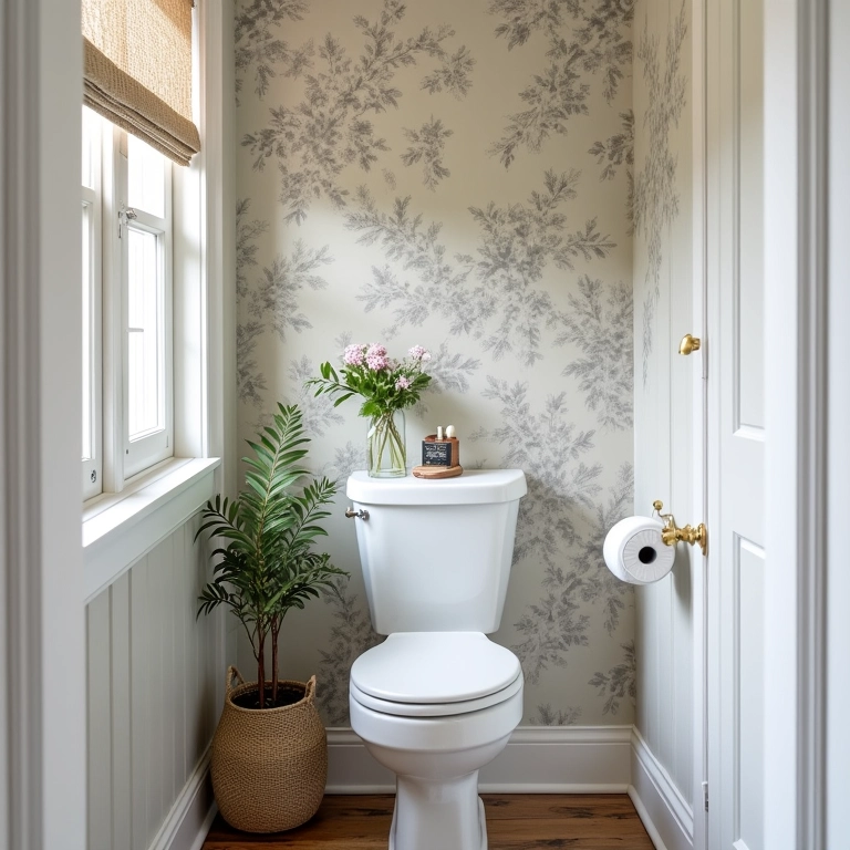 Pequeno lavabo mostrando o impacto do papel de parede no espaço.