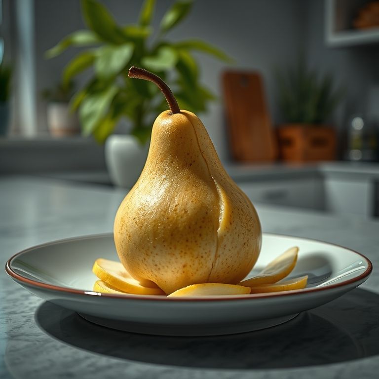 Pera descascada em um prato na cozinha à noite.