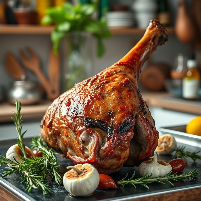 Pernil de cordeiro assando com marinada de vinho e alecrim em cozinha brasileira.