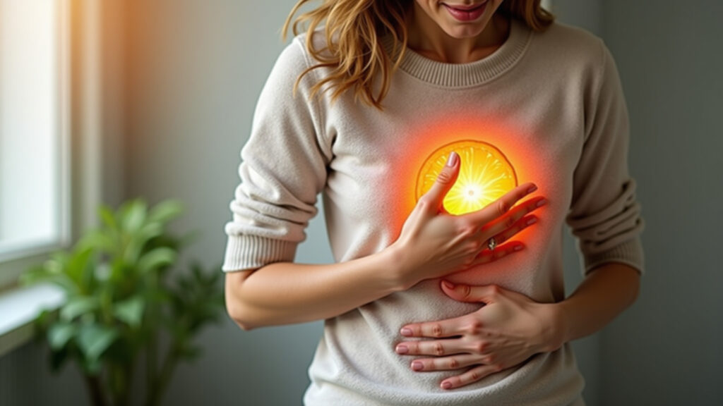 Person experiencing heartburn relief with lime orange, natural lighting, commercial photography, 8K Alívio da azia com laranja lima: solução natural.