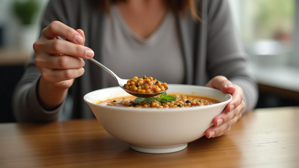 Person with diabetes enjoying lentil soup, healthy meal, natural light, lifestyle photography, 8K Pessoa com diabetes consumindo sopa de lentilha.