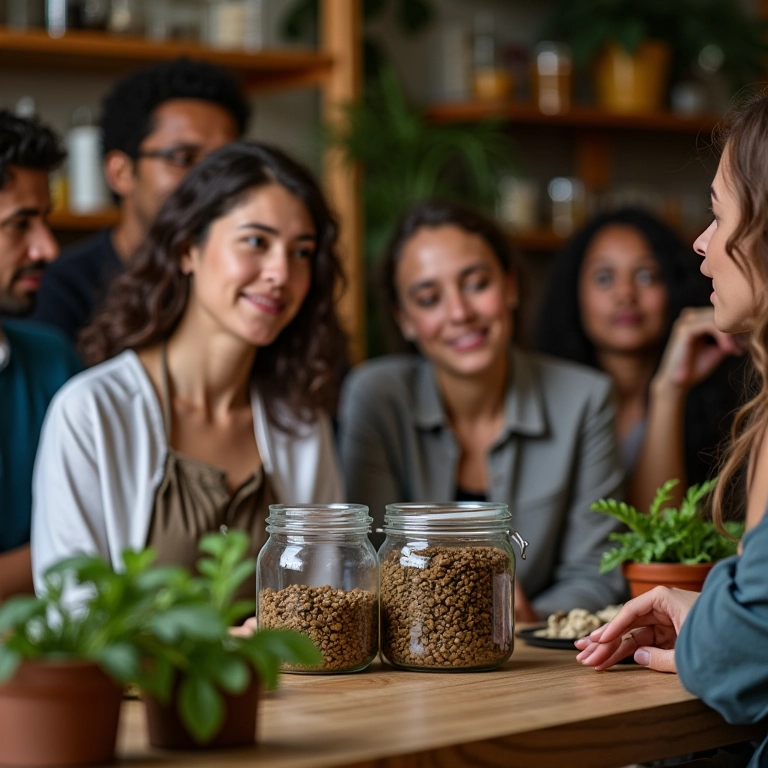 Pessoas diversas explorando os benefícios do alcaçuz em uma botica brasileira vibrante.