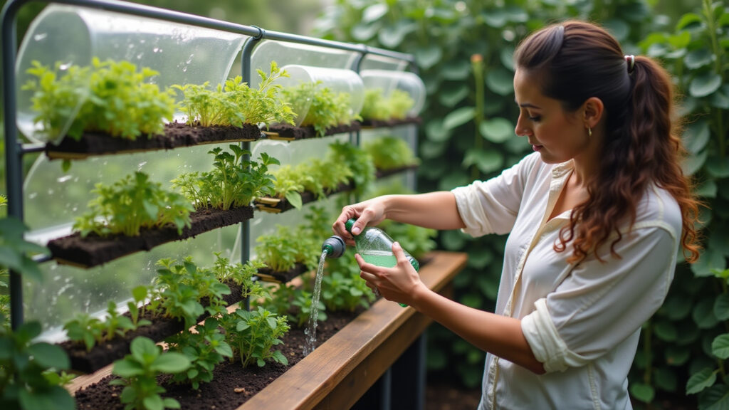 PET bottle raised garden, vertical, sustainable, herbs, Brazilian woman watering, 8K. Horta elevada feita com garrafas PET, uma solução super sustentável.