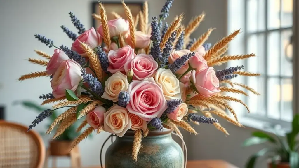 Arranjo de flores secas em vaso rústico com rosas, lavanda e trigo.