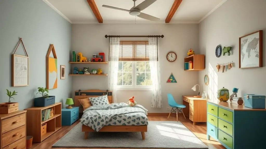 Quarto de menino vibrante com decoração lúdica e prateleiras com brinquedos.