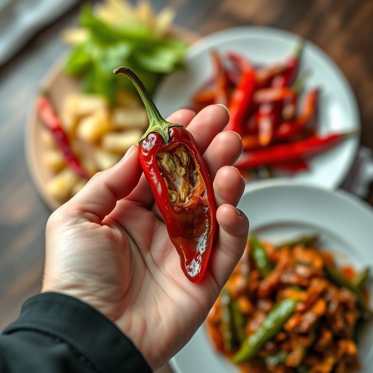 Pimenta malagueta com sementes em destaque, prato ao fundo.