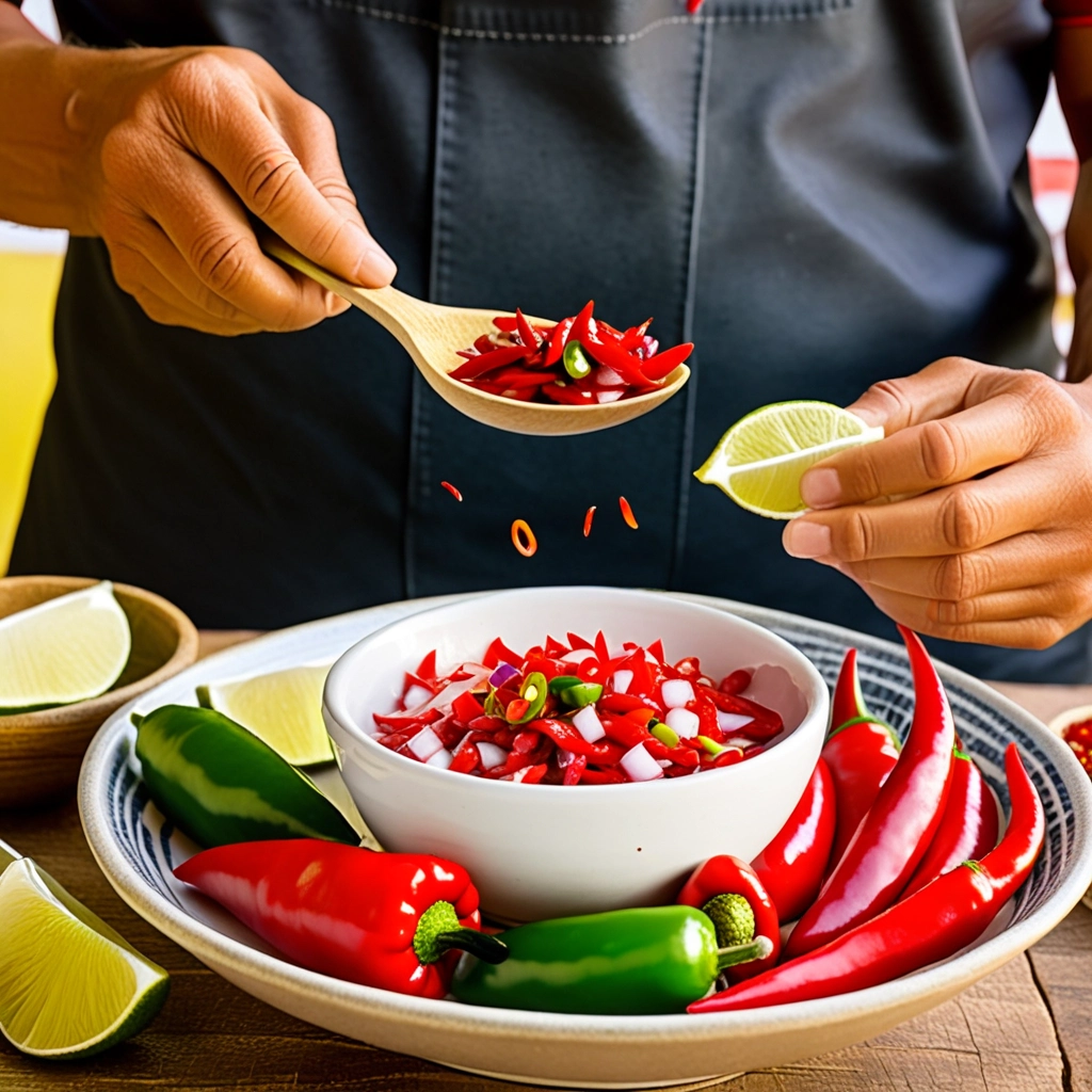 Pimentas vermelhas fatiadas sendo adicionadas ao ceviche.