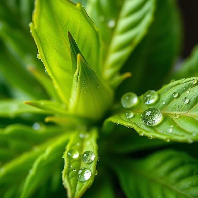 Planta verde vibrante com gotas de orvalho, representando o poder adstringente.