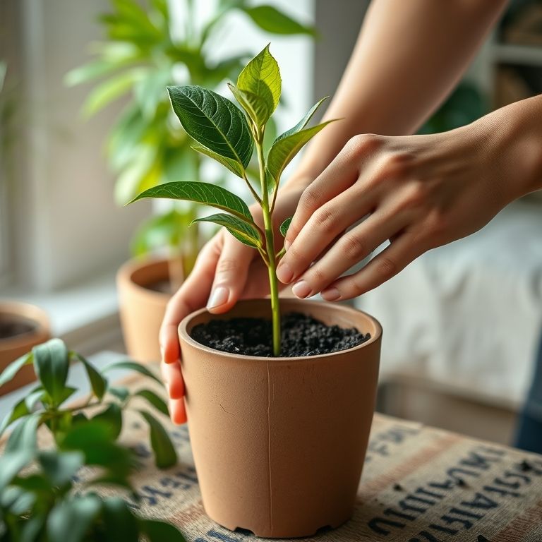 Plantando cuidadosamente uma muda de manga em um vaso.