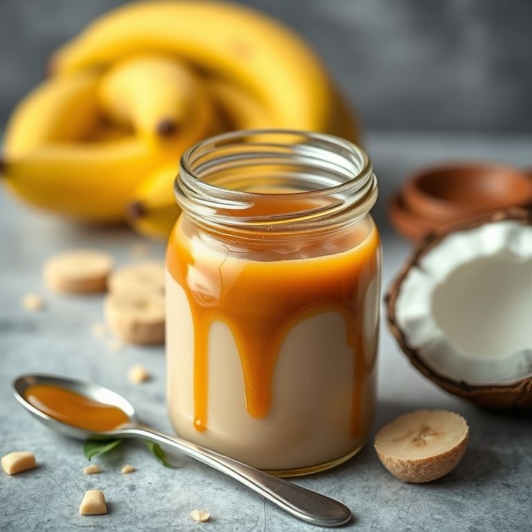 Pote de calda de banana caramelada vegana feita com leite de coco, com ingredientes veganos ao redor.