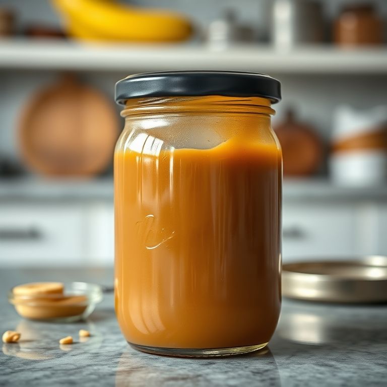 Pote de vidro cheio de calda de banana caramelada caseira, com utensílios de cozinha ao fundo.