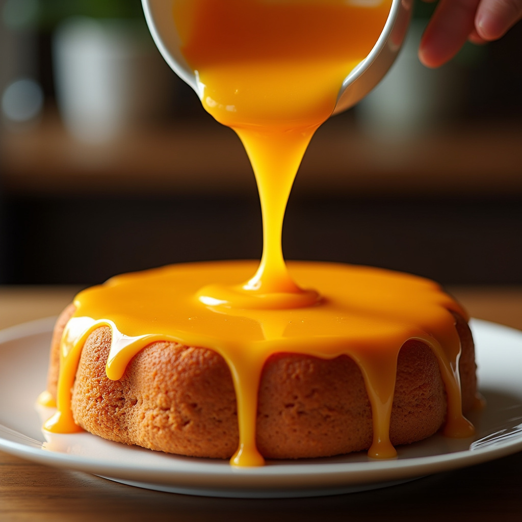 Pouring orange glaze over orange cake, bright and shiny glaze, Brazilian table setting, 8K quality, Calda cítrica brilhante sobre bolo de laranja.