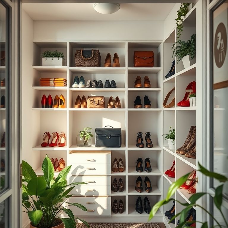 Prateleiras e nichos organizando acessórios e sapatos em closet aberto pequeno.