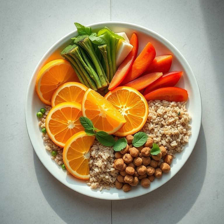 Prato com laranja e outros alimentos saudáveis, regulando o intestino.