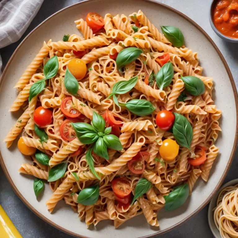 Prato de macarrão integral colorido com legumes frescos e molho de tomate.