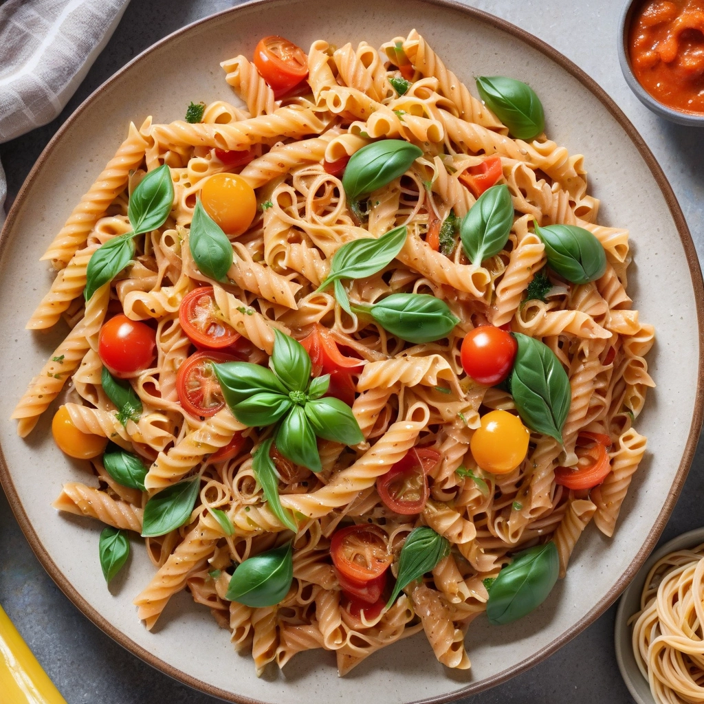 Prato de macarrão integral colorido com legumes frescos e molho de tomate.