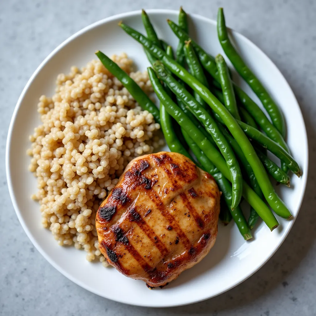 Prato equilibrado com frango grelhado, quinoa e vagem.