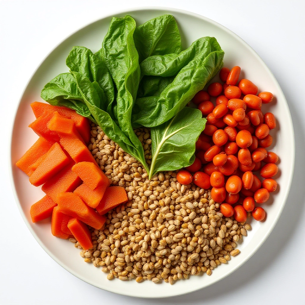 Prato equilibrado com legumes, verduras, proteína e grãos integrais, representando uma refeição completa.
