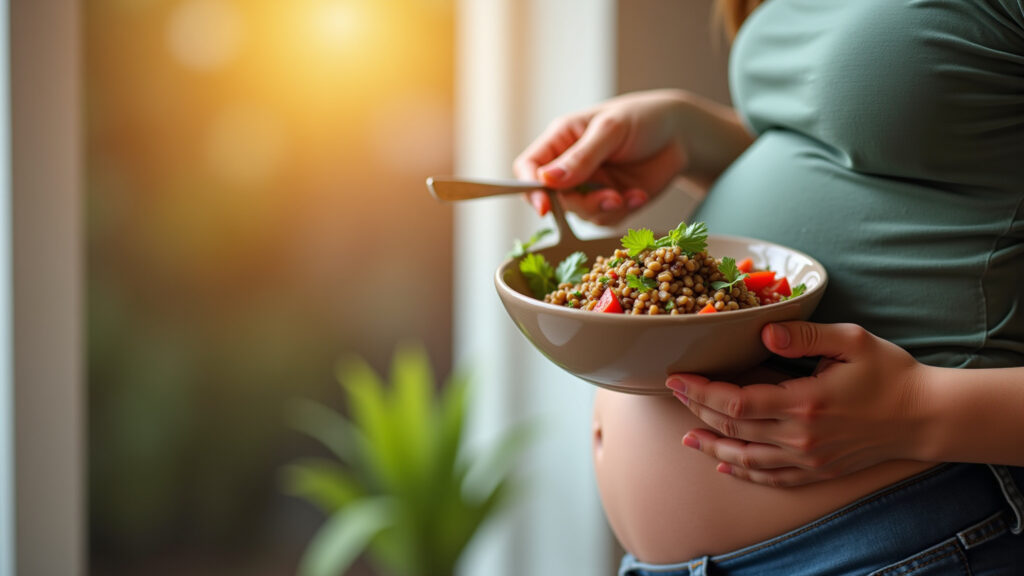 Pregnant woman eating lentil salad, healthy pregnancy diet, natural light, vibrant colors, 8K, Grávida saboreando salada de lentilha nutritiva.